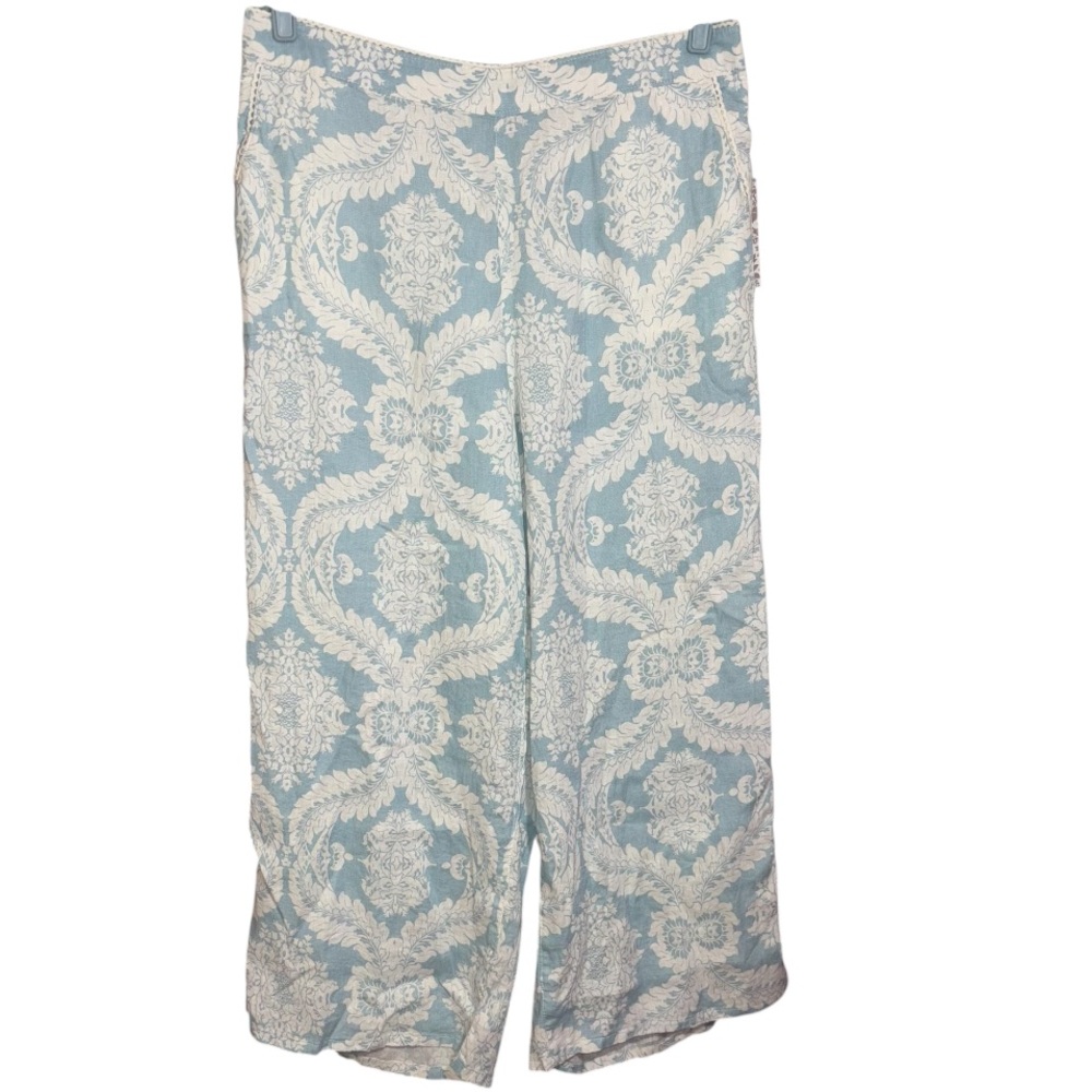 Laura Ashley Linen Pants Wide Leg Cropped Floral Light Blue Print Women’s XL